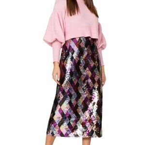 RIXO Multicolor Kelly Diamond Sequin Midi Skirt Womens Size Medium UK12 US8